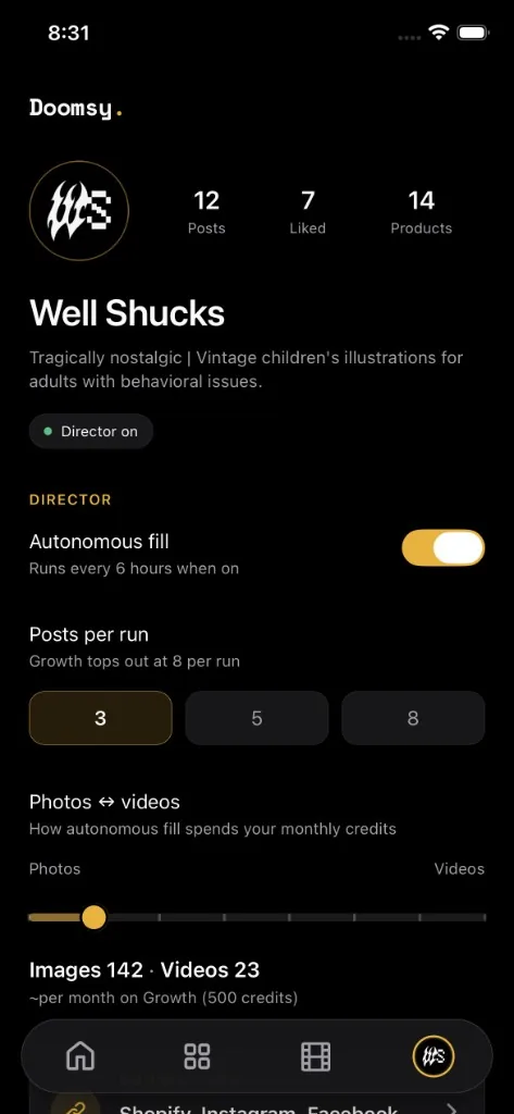 Doomsy Director settings — autonomous fill, posts per run, and credit mix